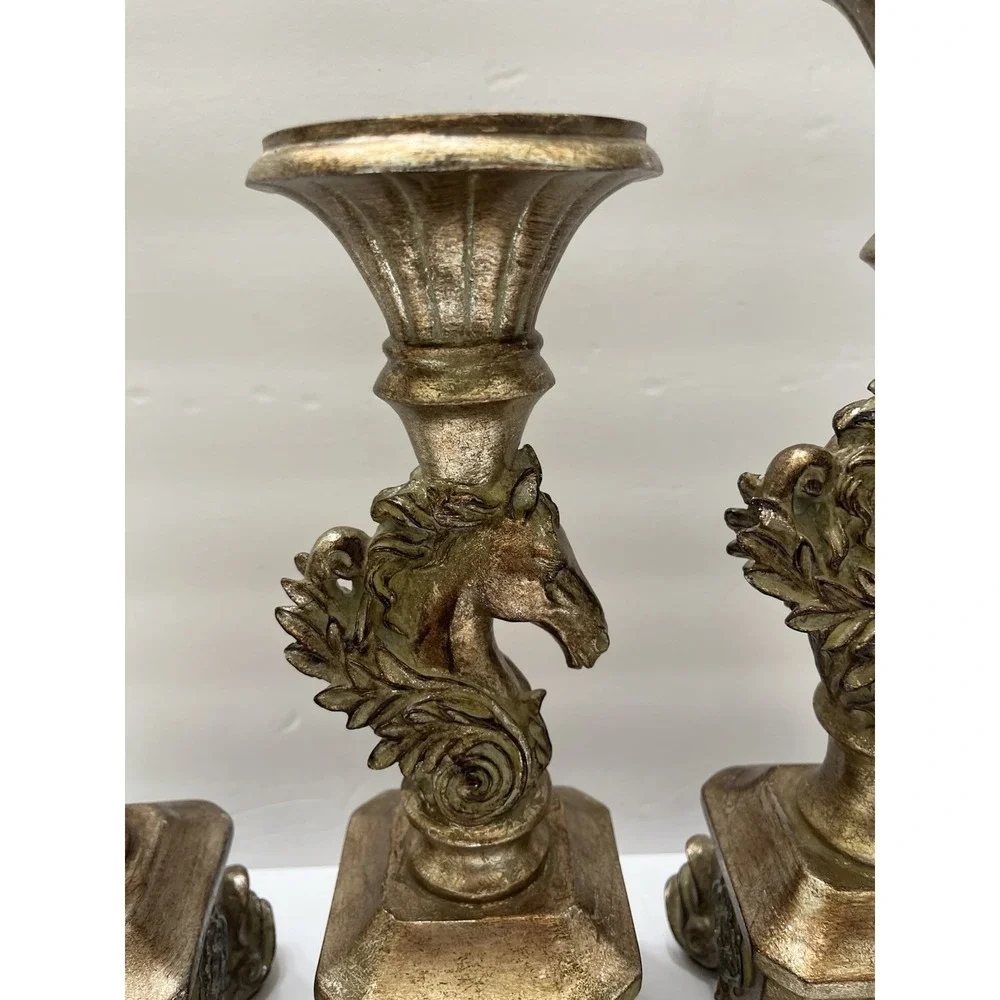Antique-Style Candle Holders Gold-Gilt Horse Head Bust Pedestal Base Set Of 3